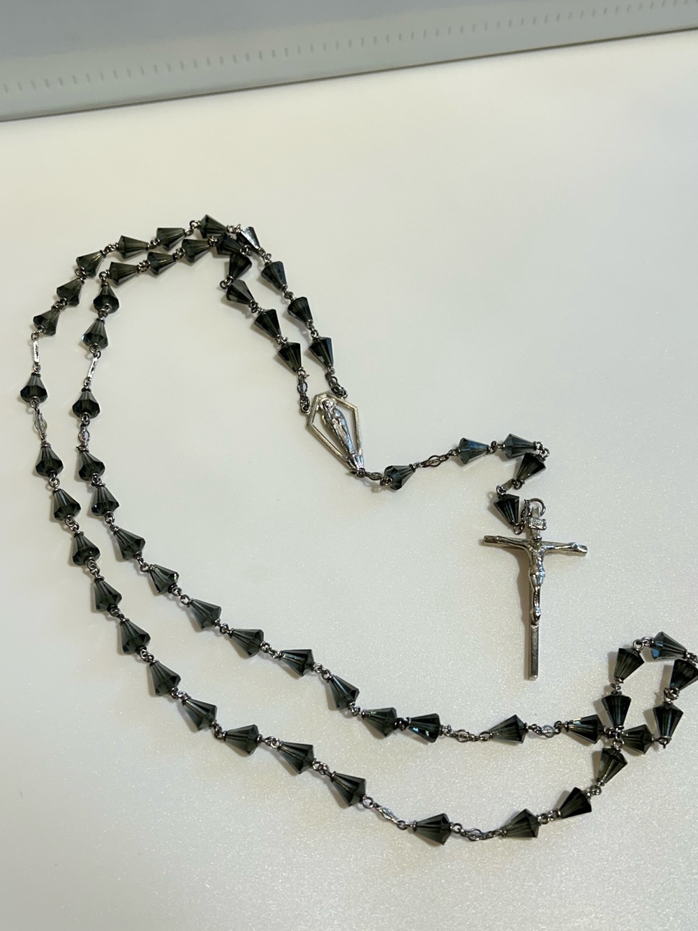 Black Crystal Rosary Necklace with Sterling Pendant Cross